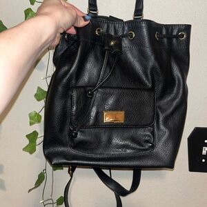 Black Leather Drawstring Backpack